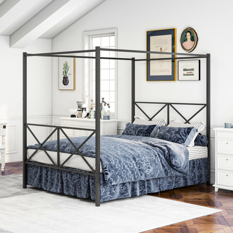 Structure de lit à baldaquin en métal grand, solide et stable, silencieuse, noire, s'adapte facilement au matelas standard, structure noire facile à assembler, rangement, matelas, assemblage facile