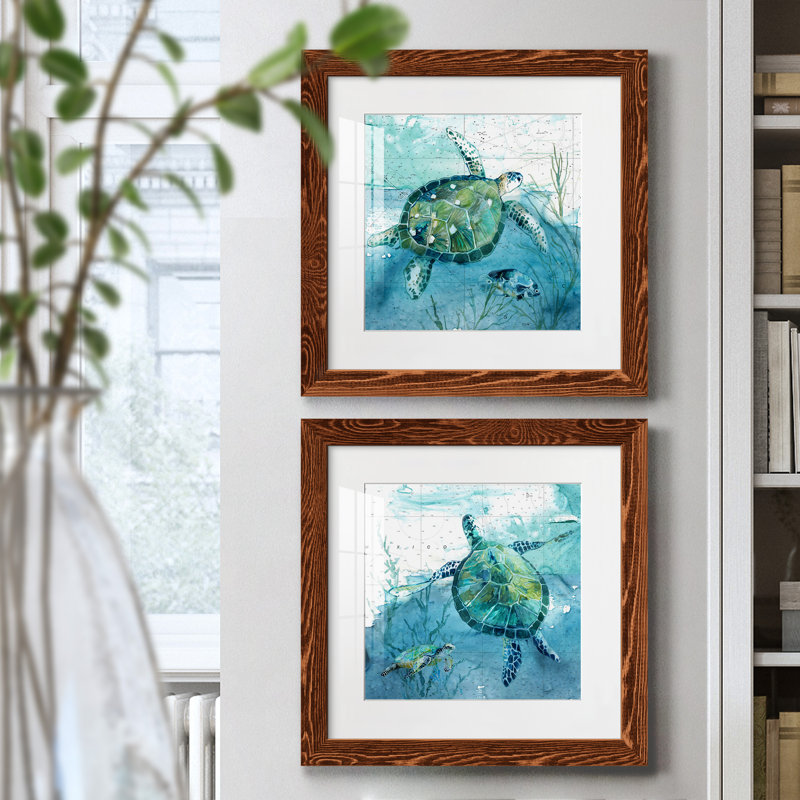 «Island Swim I», ensemble de 2 peintures, H 31,5 po x l 63 po, Papier dans un cadre photo, Noyer