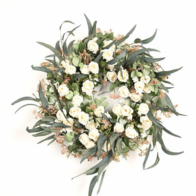 26" Artificial Large Spring Summer Farmhouse Greenery Willow Eucalyptus Leaves Berry Roses Floral Wreath for Front Door