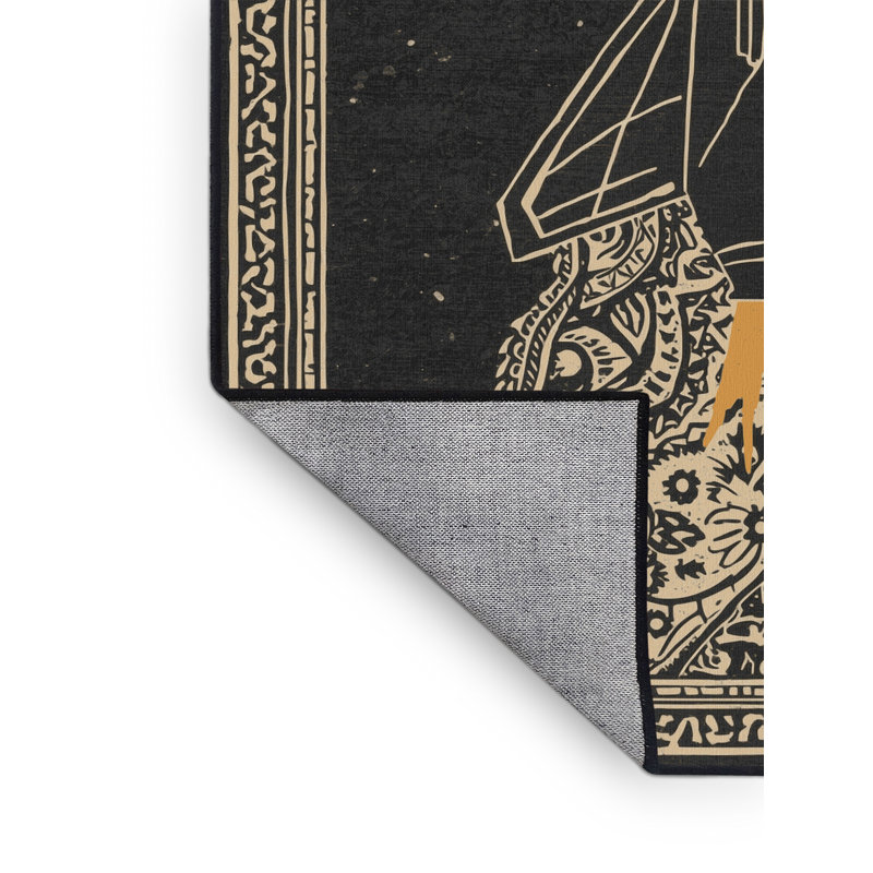 Machine Washable Eldred Spaceship Cruiser Global Inspired Block Print Rug in Black – Black Binding, 3x5