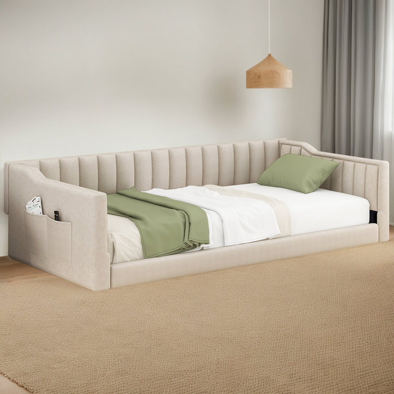 Compact Daybed Sofa With Storage |Upholstered Velvet Design For Living Rooms & Guest Rooms, Beige, Extra-long Twin