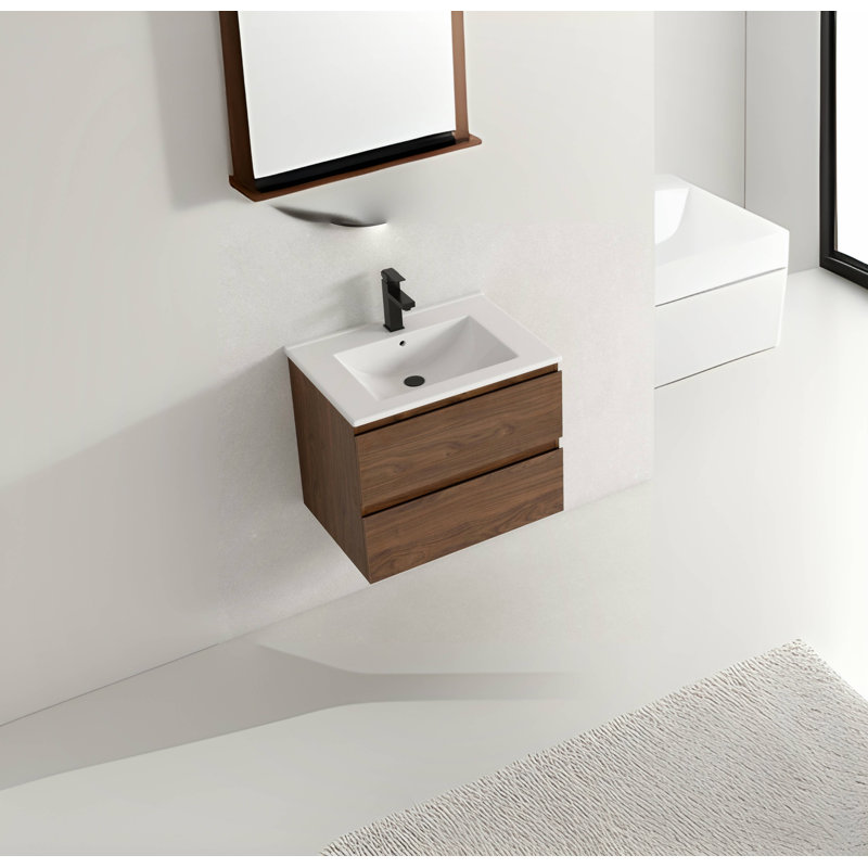 Lougenia 24" Wall Mounted Single Bathroom Vanity with Ceramic Top, Brown Oak