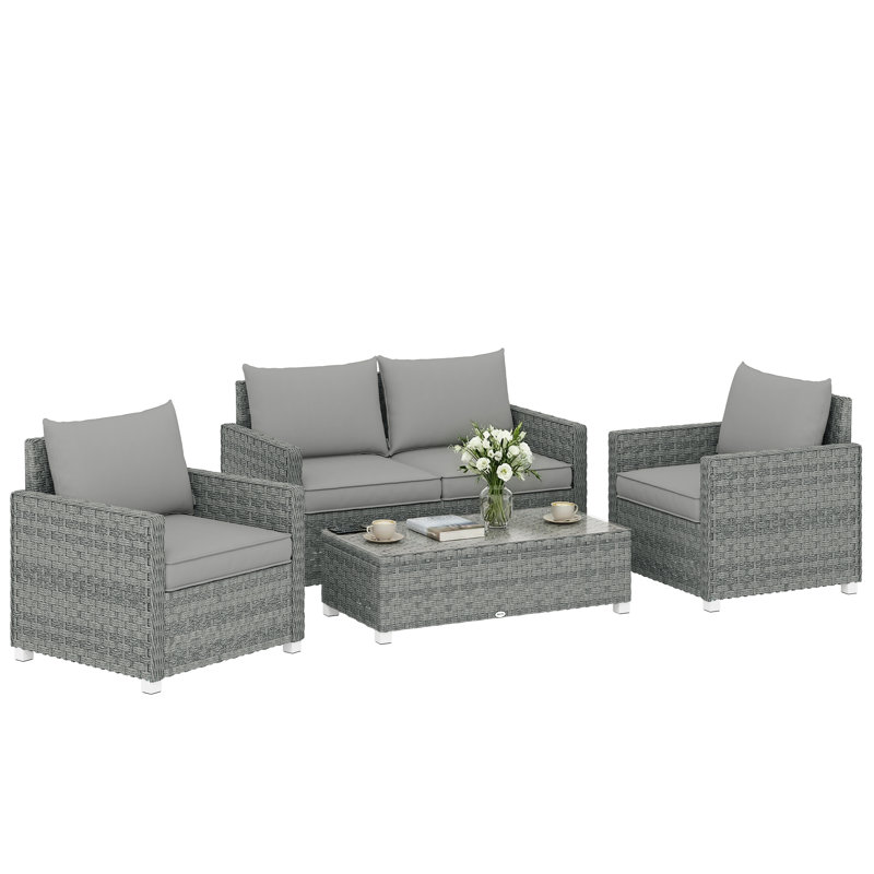 Outsunny 4 Piece Rattan Garden Furniture Set with Loveseat 2 Armchairs Grey