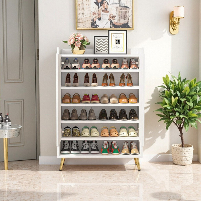 Armoire de rangement à chaussures 29,6 "en bois avec portes et tablettes réglables à 7 niveaux avec pieds et poignées en métal