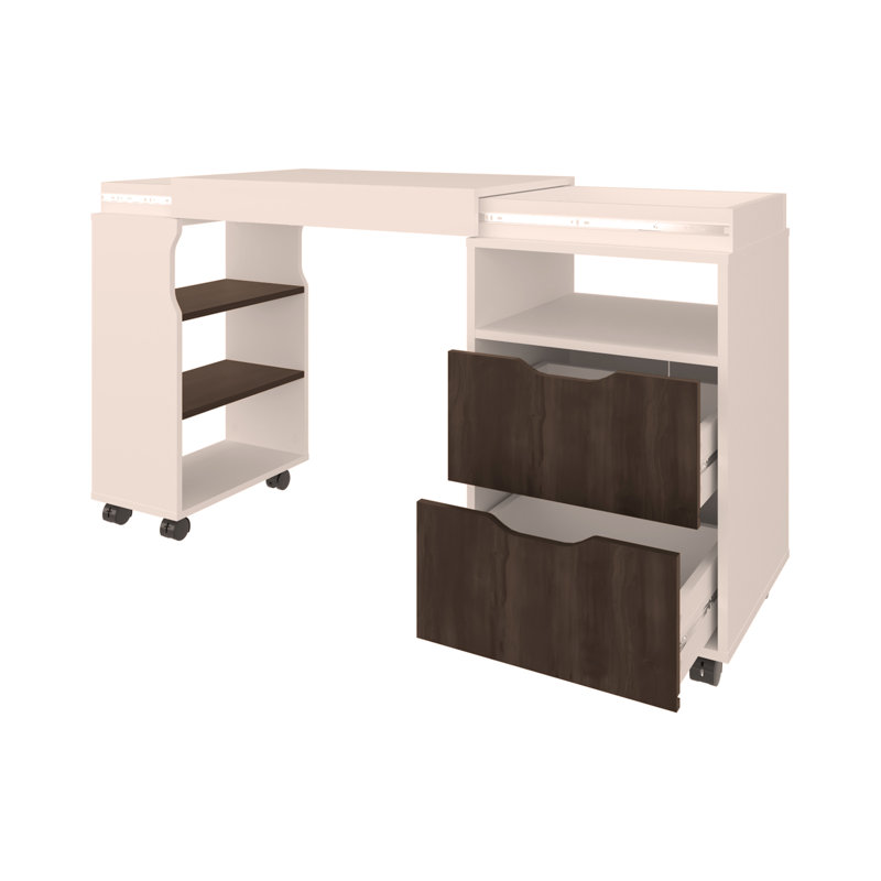 Bureau extensible Loris avec deux tiroirs, tablettes ouvertes et mécanisme coulissant
