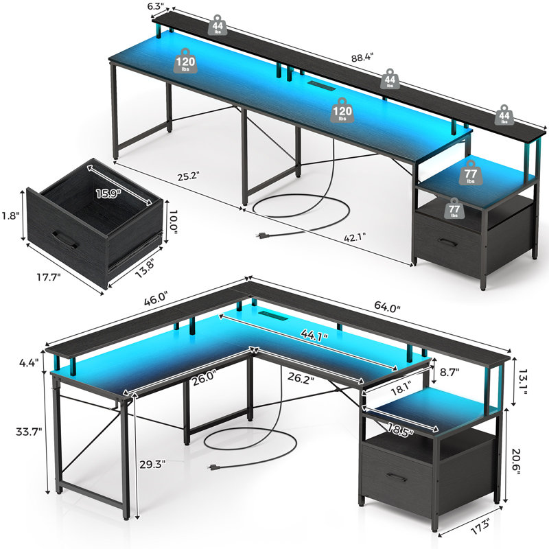 Kurtiss 68" L Shaped Computer Desk with File Drawer with Power Outlet & LED Strip, Black