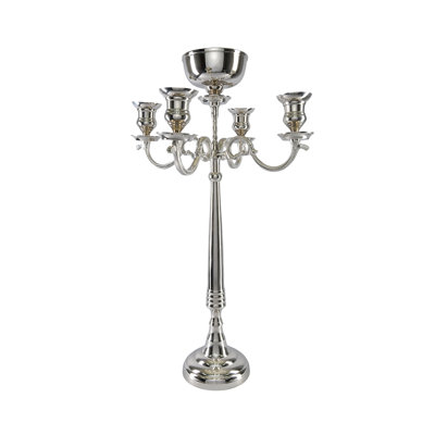 Alcott Hill® Silver Candelabra With Bowl – Elegant Nickel Finish, 4 Candle Holders & Floral Arrangement Bowl, Perfect For Weddings, Events & Home Decor, Table Centerpiece