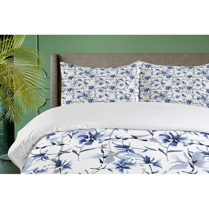 Twin Blue Floral Microfiber Duvet Cover Set