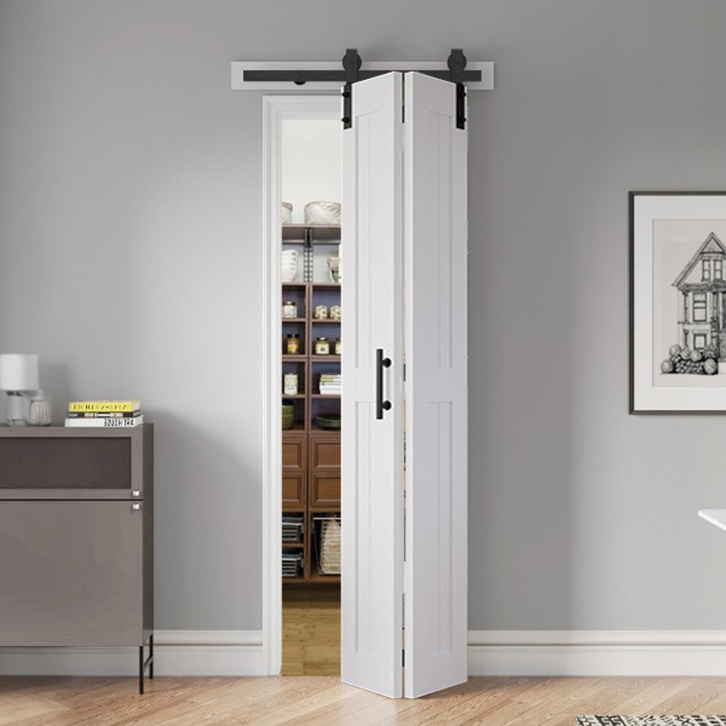 Porte de grange double pliante coulissante en MDF blanc S&Z TopHand® avec trousse de quincaillerie et poignée solide, panneau de fibres à densité moyenne avec porte en PVC imperméable, aucun assemblage requis
