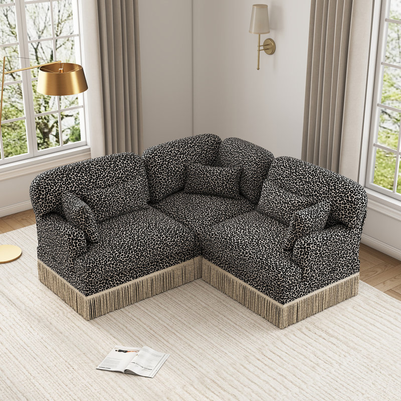 Canapé modulaire en L en chenille à imprimé léopard avec coussins et jupe à pampille, Khaki Black Leopard Print