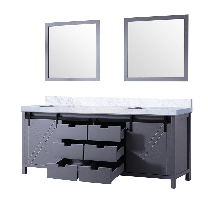 84 po L x P 22 po Meuble-lavabo double gris foncé avec comptoir en marbre et 34 miroirs