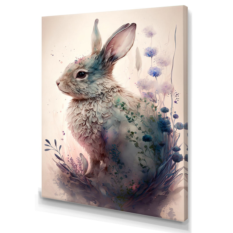 «Cute Rabbit FloralIV», impression sur toile tendue, H 32 po x l 16 po x P 1 po