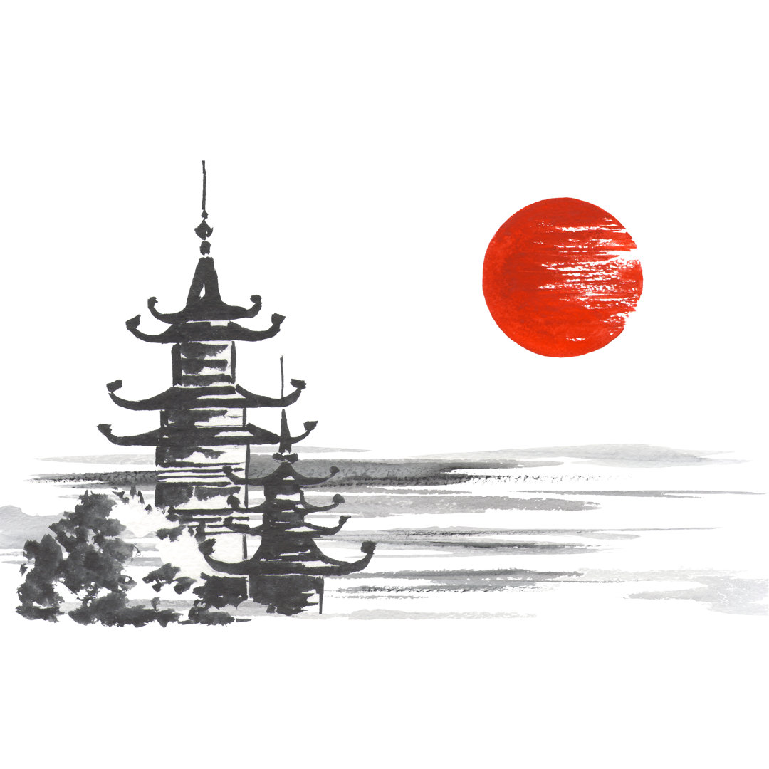 Sumi-E Temple Sun Lake von Walmor Santos - Druck