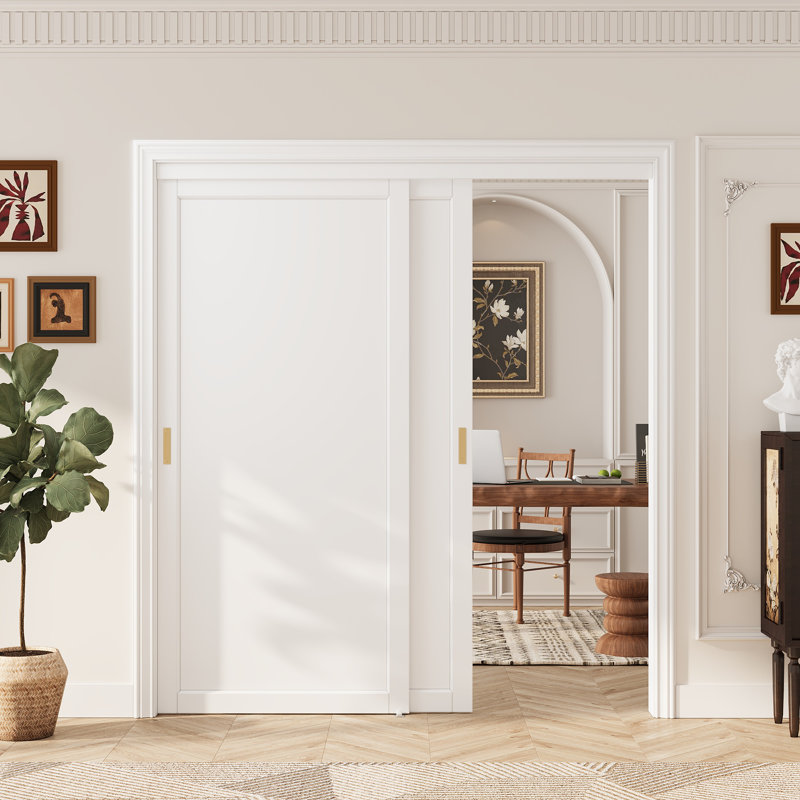 Porte coulissante à panneau 1/3-Lite 80 po préfini blanc avec ensemble de quincaillerie et poignée, 72 po x 80 po