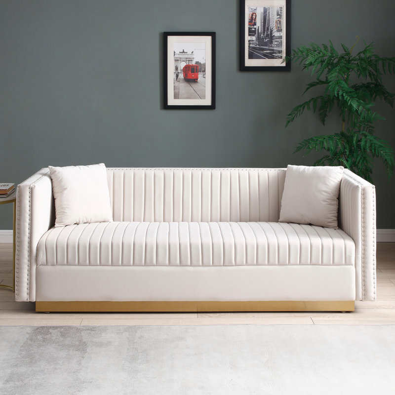 Canapé capitonné à canal vertical pour salon avec 2 coussins, H 28 po x l 78 po x P 28 po, 3, Velours beige