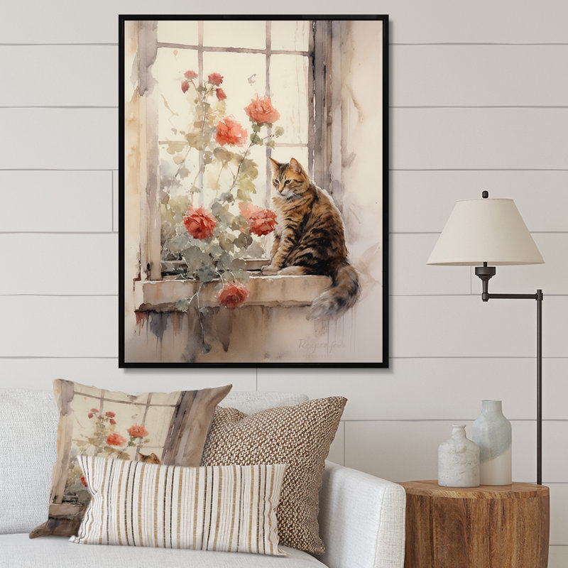 Chat brun assis sur une fenêtre, impression sur toile, H 20 po x l 12 po x P 1 po, Cadre flottant noir