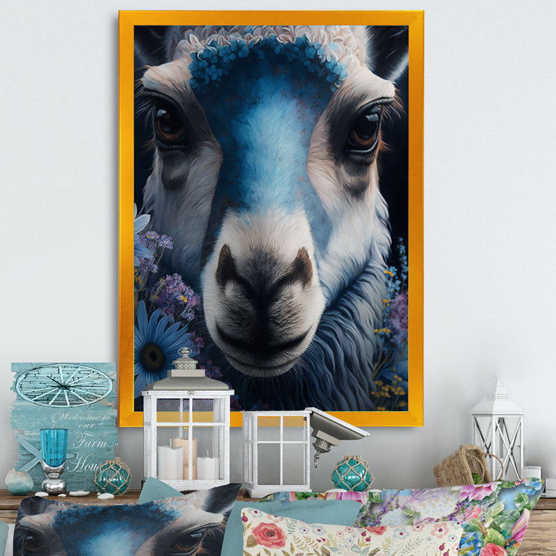 «Llama Portrait with Flowers II», reproduction sur toile, H 32 po x l 16 po x P 1 po, Toile avec cadre photo doré