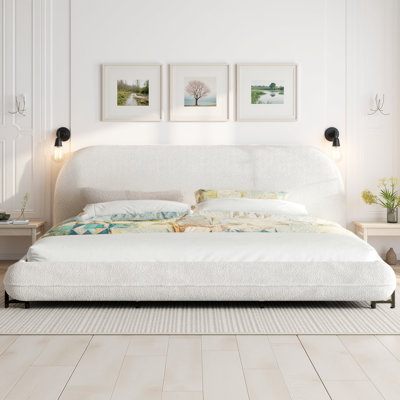 Upholstered Platform Bed with White Boucle Headboard & Steel Legs - 500 lb Capacity, No Box Spring Needed, Modern Design