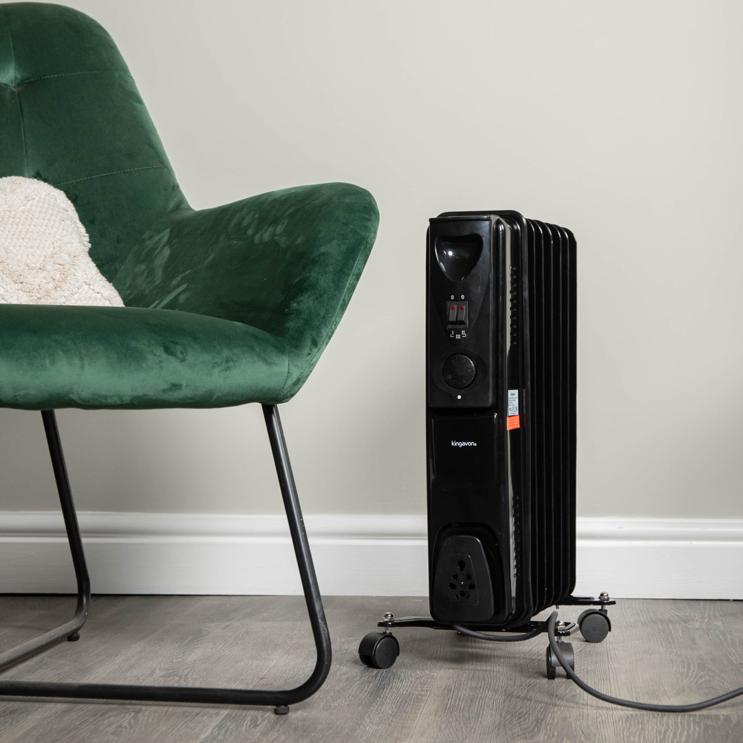1500W 1.5Kw 7 Fin Slimline Black Oil Filled Radiator Heater On Wheels