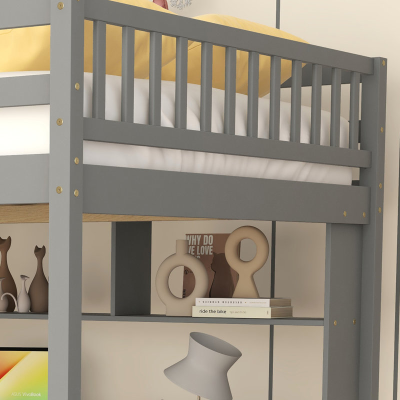 Kids Full Solid Wood Loft Bed With Built-In Desk And Storage Staircase, gris