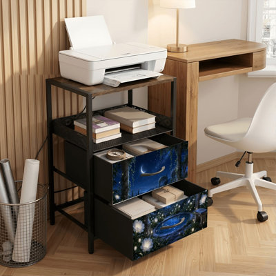 Table de chevet 2 tiroirs avec station de charge, table de chevet de chambre à coucher avec ports USB, tablette ouverte noire, table de chevet avec imprimé de fleurs de nuit en croissant de lune