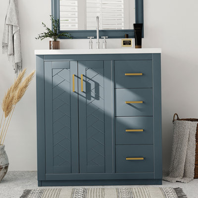 Meuble-lavabo de style rétro 30 po avec lavabo en céramique, cadre en bois massif, rangement spacieux et portes à fermeture en douceur