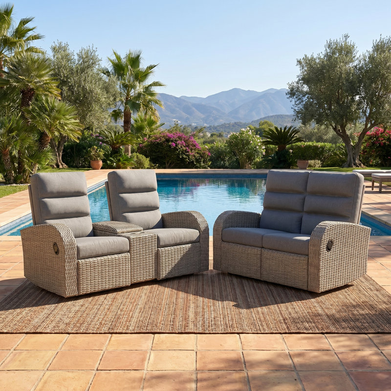 Oversized Wicker Outdoor Reclining Loveseat Sofa Set, 2-seater Recliner Couch With Storage & Cup Holder, Grey, Dark Grey