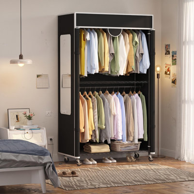 Heavy-Duty Rolling Portable Closet Wardrobe with Cover - 485 lb Garment Rack, Lockable Casters - 2 Hanging Rods & Adjustable 3-Tier Shelves - 45 x 17 x 79 in - Black