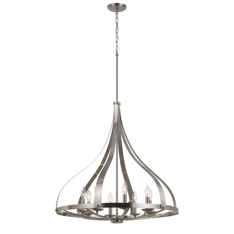 Lustre Meridian à 8 lumières, acier brossé, 185 cm de hauteur, plafonnier câblé