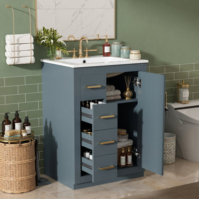 Meuble-lavabo simple 24 po avec lavabo en céramique, petit meuble-lavabo en bois avec rangement à fermeture en douceur