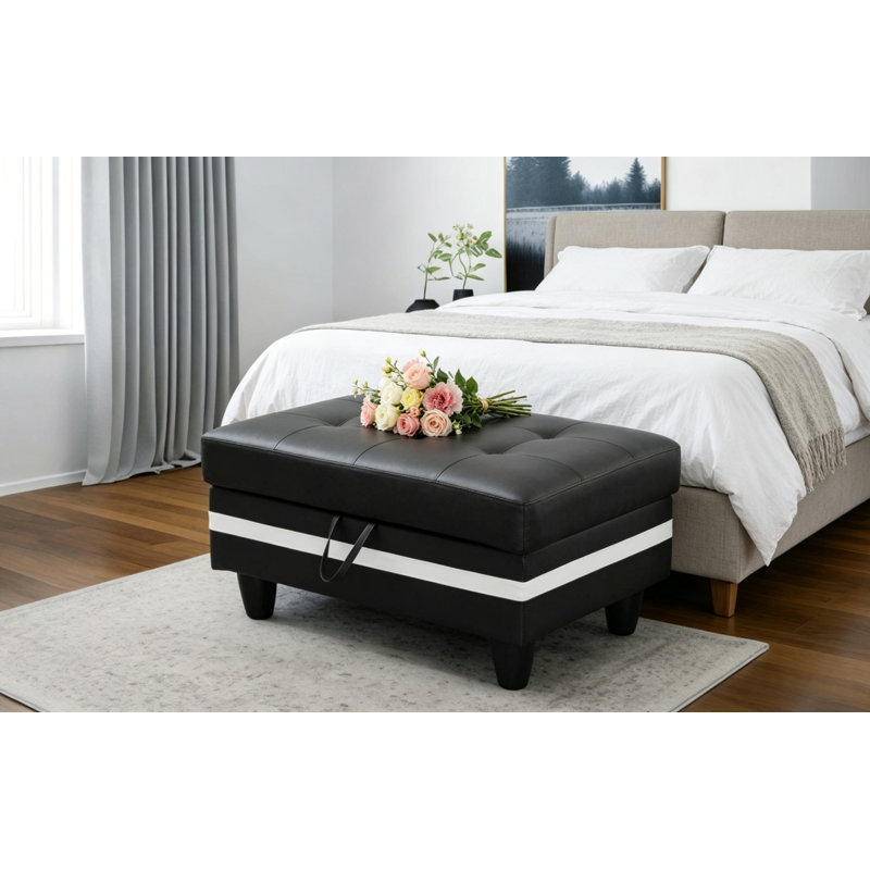 Repose-pied avec rangement en similicuir, Similicuir noir / blanc