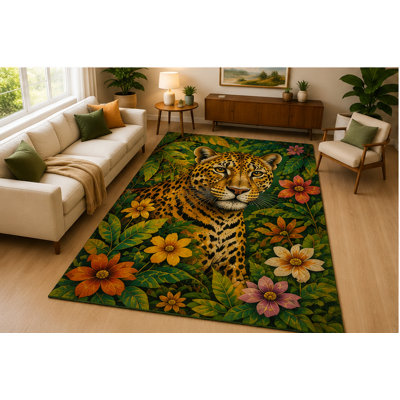 "Ultra Light Weight" 5' x 7' Jaguar Tropical Forest Area Rug Soft Low Pile Indoor Rug with Non Slip Silicone Backing Jungle Animal Decor Carpet for Living Room Bedroom Office Family Room Green