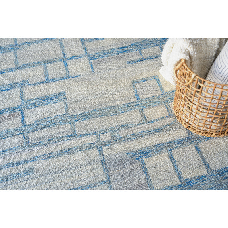 Ivory and Blue Hand-Tufted Wool Geometric Area Rug, 12' x 15'