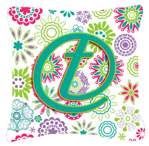 Monogramme initiale fleurs intérieur/extérieur Throw Pillow, T, 14" H x 14" L x 4" D