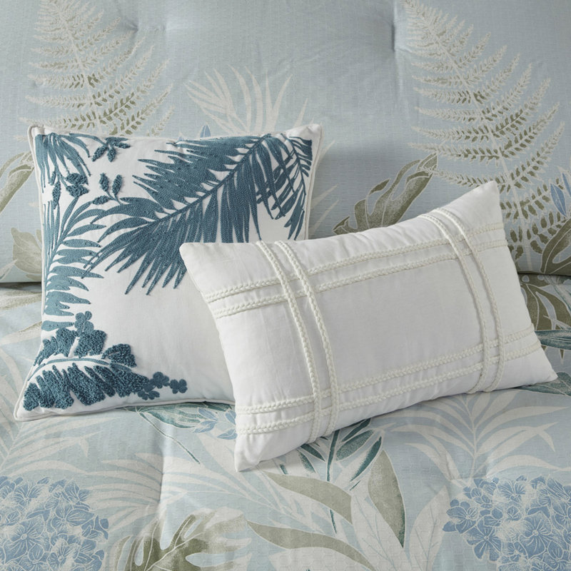 Édredon 6 pièces en coton avec coussin décoratif bleu à imprimé tropical pour une chambre de bord de mer de rêve, facile à nettoyer et lavable à la machine