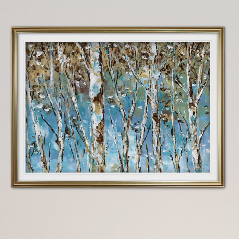 « winter bouleau », reproduction de peinture à l’acrylique encadrée, Or, H 30 po x l 40 po x P 1,5 po