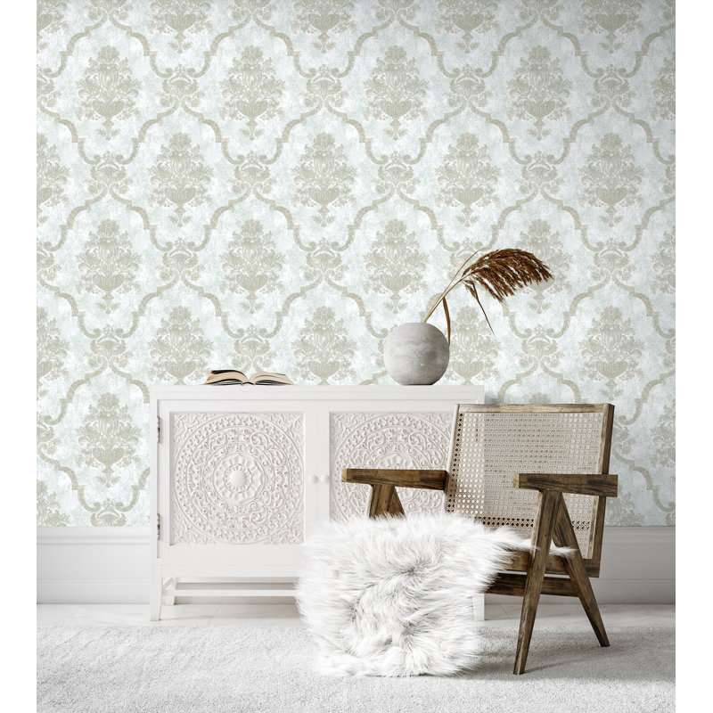 Azulejo Large Baroque Damask 33' L x 21" W Wallpaper Roll, Frost Mint