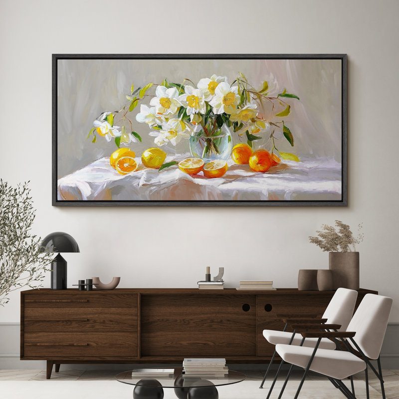 "Nature morte vibrante avec fleurs blanches et agrumes, œuvre d'art rétro très grande peinture", H 30 po x l 60 po, Naturel