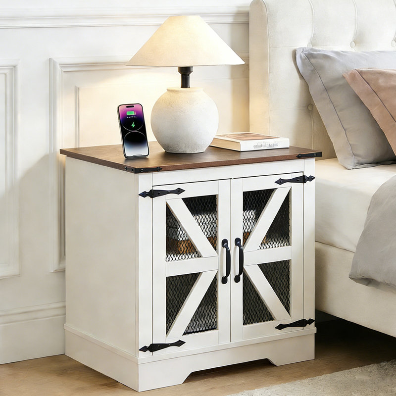 Farmhouse End Table with Charging Station - Nightstand with 2 Outlets & 2 USB Ports - Vintage Industrial Side Table, Brown
