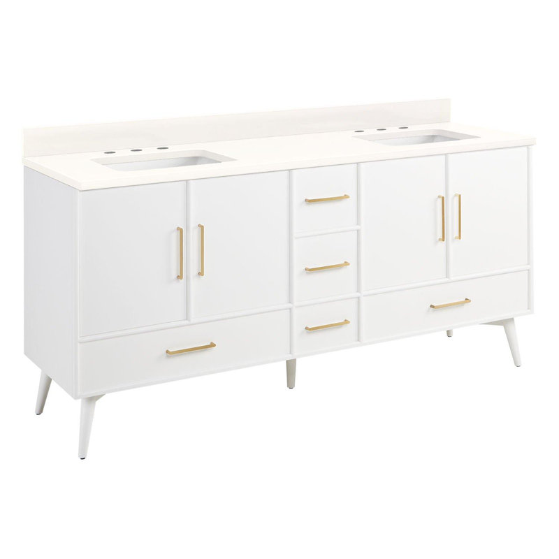 72" Novak Double Bathroom Vanity Set with Rectangular Undermount Sinks, White, 8" Widespread, Arctic White Quartz