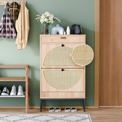 Range-chaussures en bois avec portes en rotin, organisateur de rangement pour les espadrilles, les talons hauts et les pantoufles, tablettes réglables et tiroirs rabattables