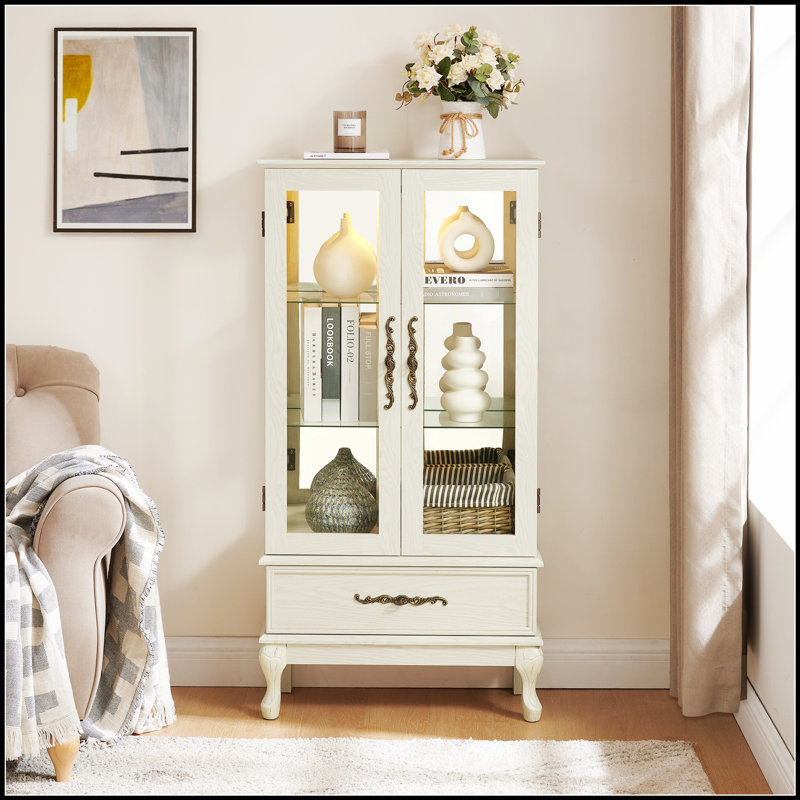 Curio Cabinet With Adjustable Shelves, Glass Doors, And Internal Lighting For Displaying Treasured Items, Antique White