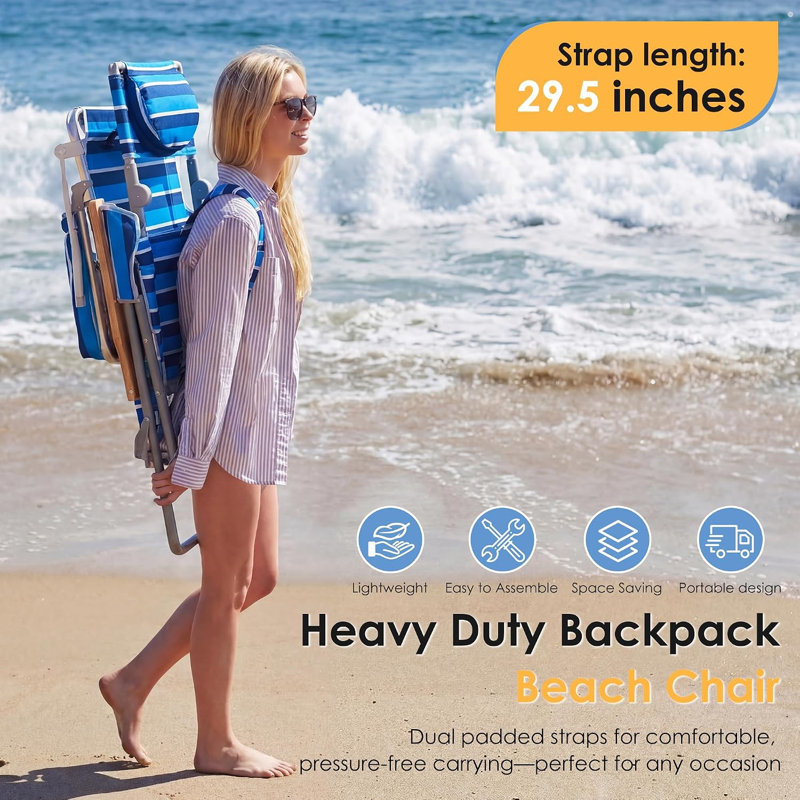 Chaise de plage surdimensionnée avec sac à dos pliant avec ouverture frontale, chaise de bronzage à 5 positions et porte-gobelet, chaise de plage extérieure portable, bleu marine