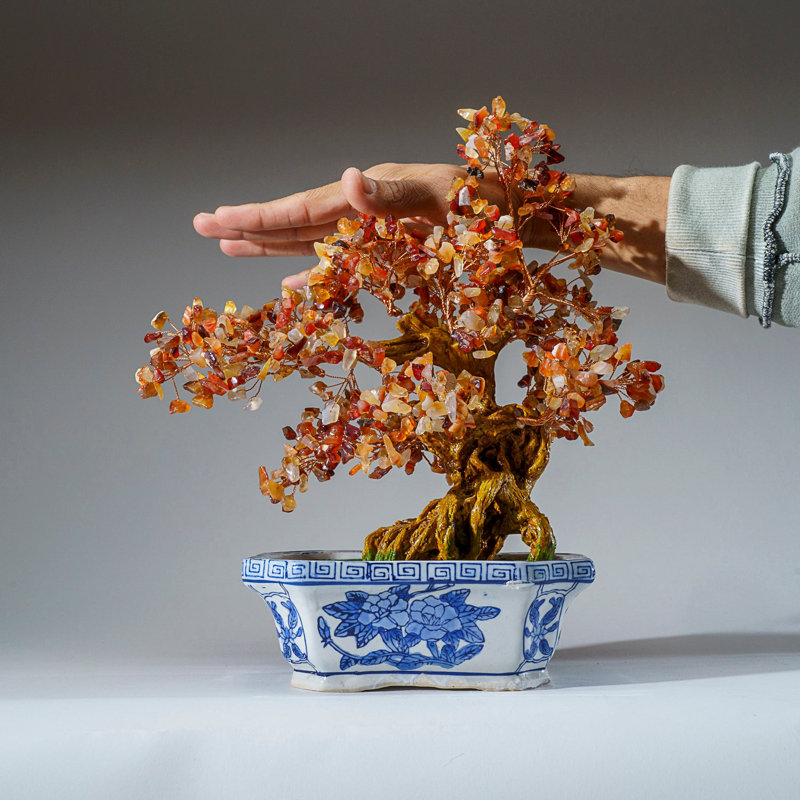 Genuine Carnelian Bonsai Gemstone Tree in Square Ceramic Pot (12")