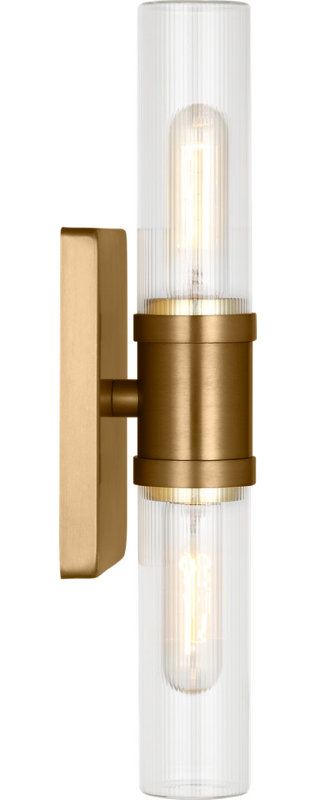 Keaton Two Light Vanity, 16" H x 5" W x 3.63" D, Clear Fluted, Satin Brass