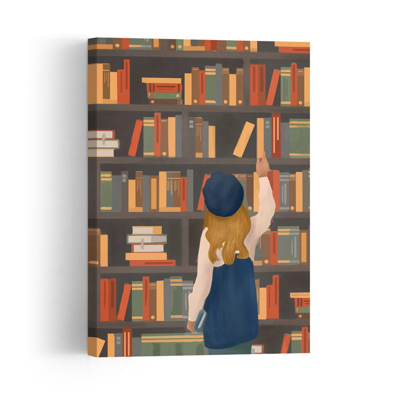 Fille tendant la main vers un livre, illustration murale d'architecture vintage, 24" H x 16" W