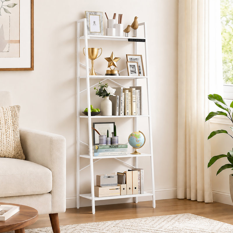 5-Tier Metal Ladder Bookcase with Lighting, White