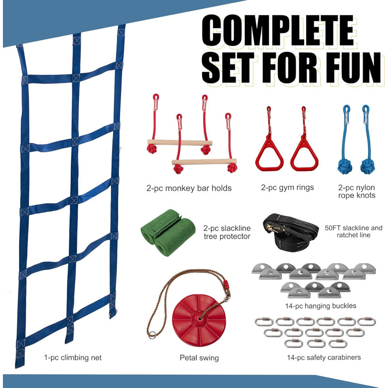50 pi Ninja Warrior Obstacle Course, équipement de jeu avec balançoire pour un total de 8 obstacles