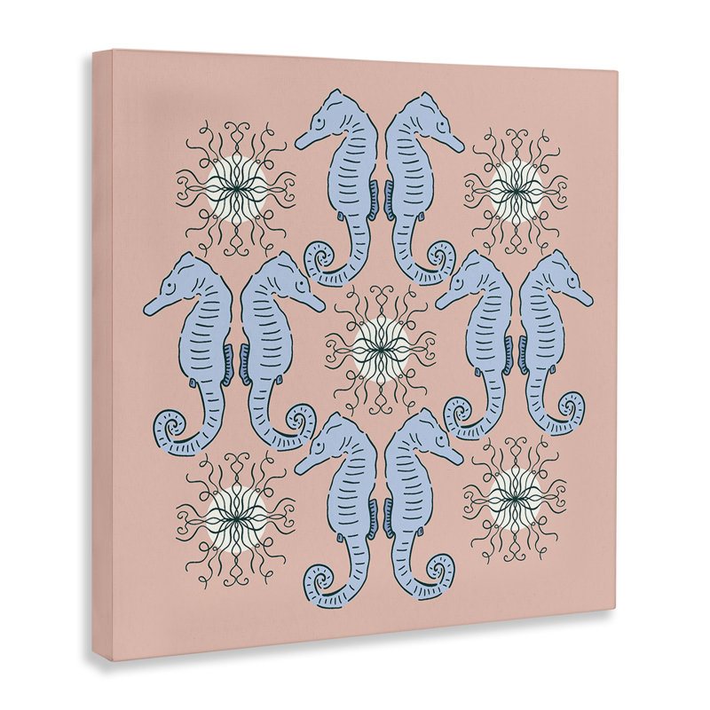 Toile symétrique à motif d'hippocampes corail, design par Sazerelli Designs, H 17 po x l 17 po