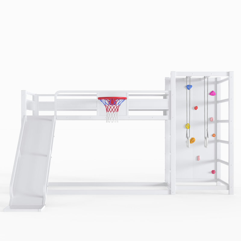 Kids Metal Loft Bed, Toddler Loft Bed With Slide and Climbing Wall, Metal Kids Bed with Basketball Hoop and Storage Shelves, Heavy Metal Kids Play Loft Bed, Multi-functional Play Loft Bed for Children Bedroom